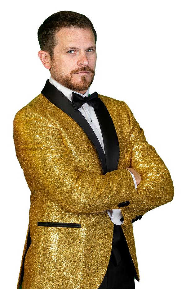 Quiz host and DJ Colm Lougheed in a gold jacket